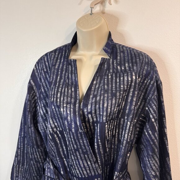 Banana Republic Blazer Jacket 10 Silk Cotton Satin Wrap Belted Blue Striped - Picture 2 of 9